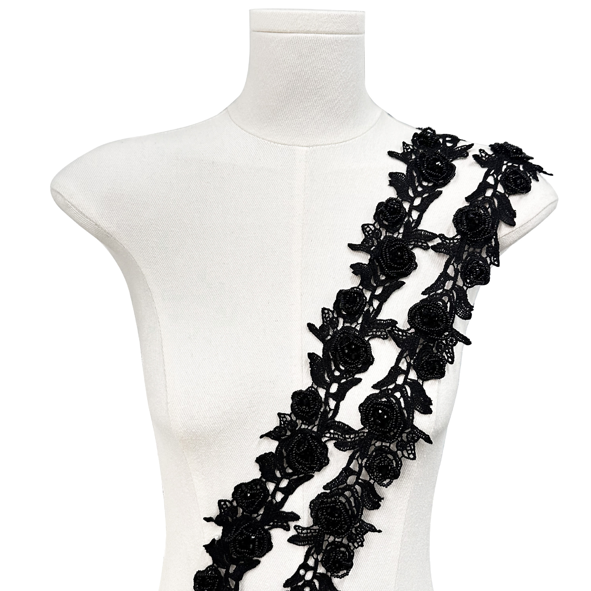 Exquisito encaje floral en blanco y negro, bordado tridimensional de rosas con cuentas de diamantes 13 líneas de accesorios de ropa