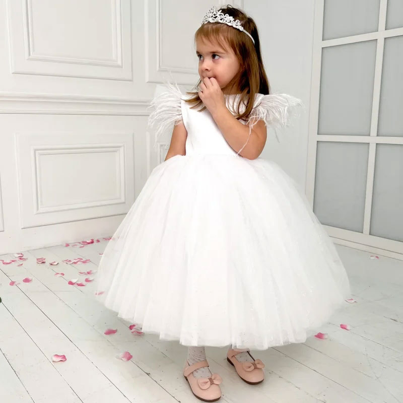 Abito da principessa per bambine Mother & Kids con maniche in tulle effetto piuma, costume da spettacolo, abito formale per bambina, abito da damigella d'onore._voghion.com