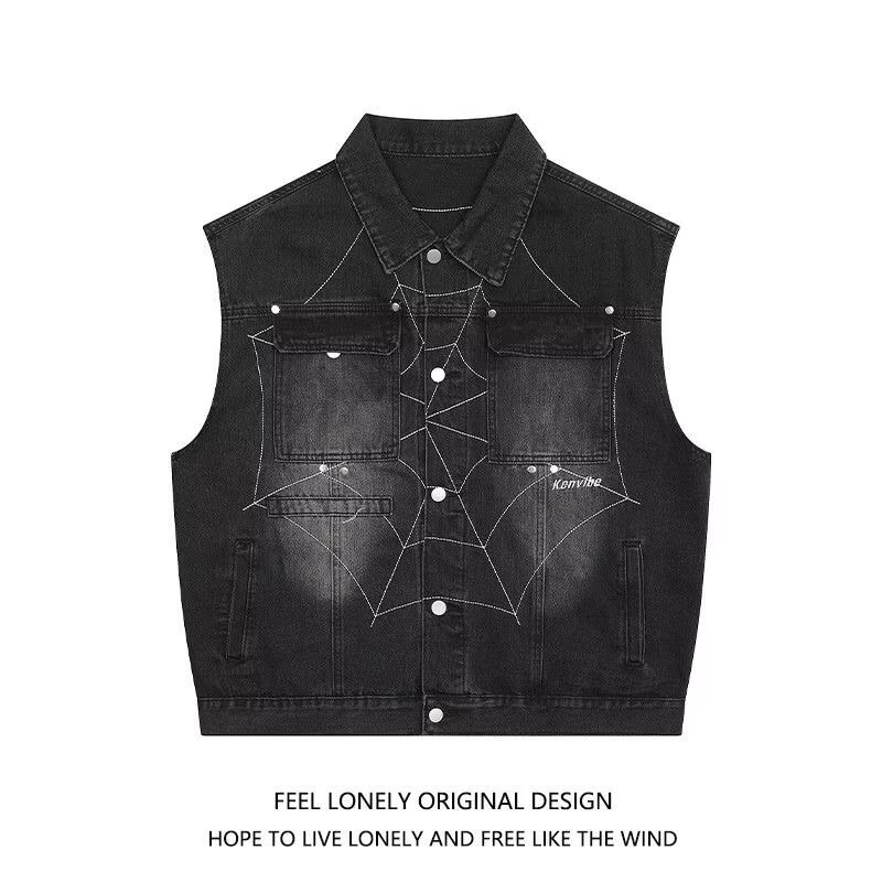 2024 chaleco de vaquero araña hombre primavera estilo americano marca de moda de alta calle chaleco casual versátil chaqueta sin mangas
