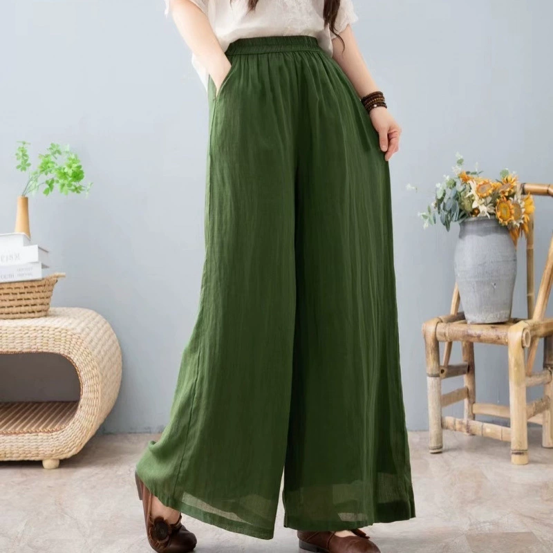 Винтажные повседневные брюки с двойным слоем рами и внутренним подолом для женщин, лето 2025, новые художественные однотонные свободные универсальные широкие брюки