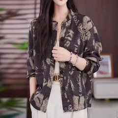 一件代发直播爆款妈妈女装印花开衫2025春秋季款长袖衬衫休闲上衣