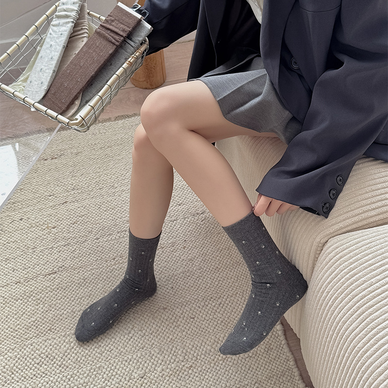 ins风甜美简约碎花袜子女秋冬无骨日系灰色中筒堆堆袜百搭潮流|undefined