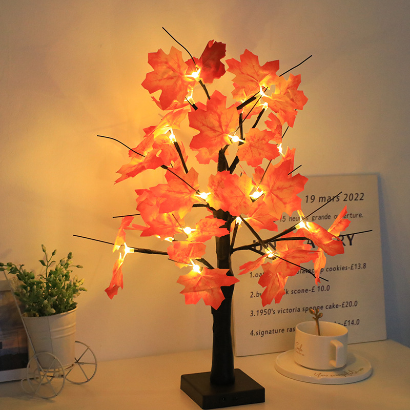 LED White Birch Tree Simulation Maple Leaf-Shaped Tree Light for Christmas, Easter, and Thanksgiving Holiday Decor – Mini Tree Lights