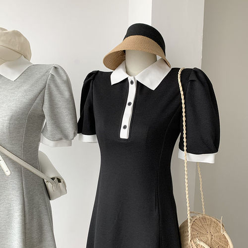 French puff sleeve short-sleeve dress for women, summer, waist-cinching, slimming, stomach covering, POLO collar, long dress
