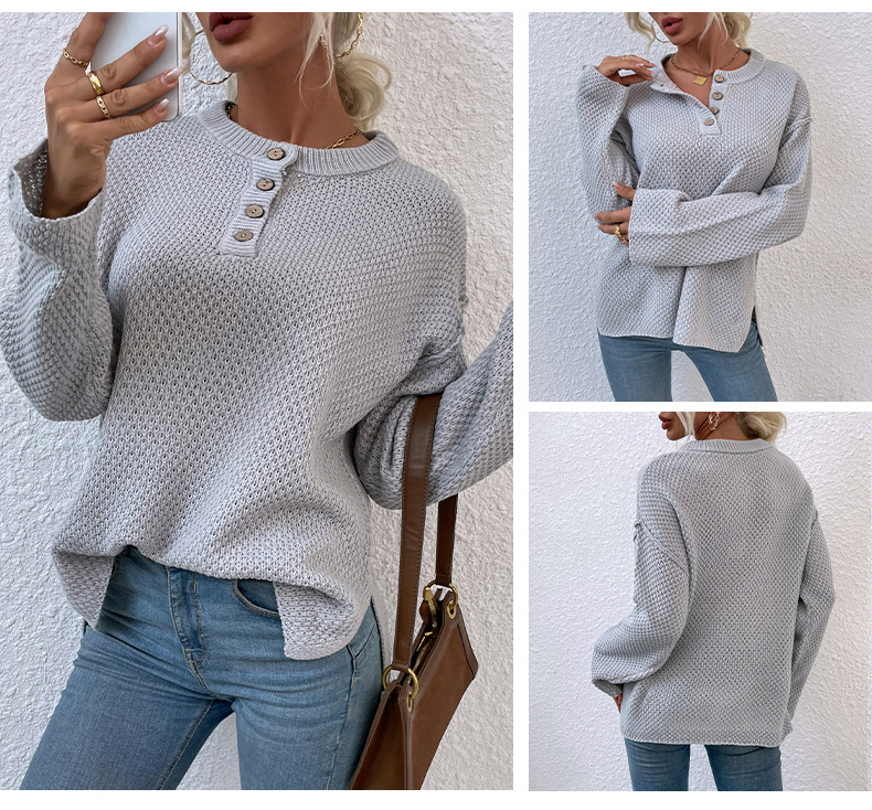 Round Neck Buttoned Split Knitted Sweater NSMMY82825