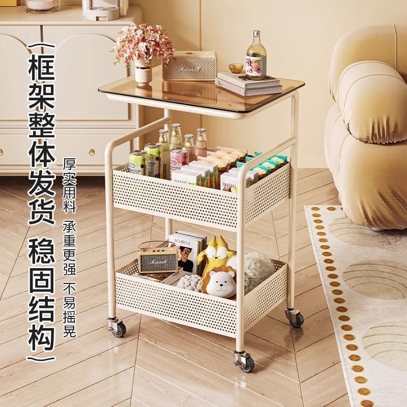 Snack Trolley Storage Rack Mobile Glass Coffee Table Bedroom Bedside Wheeled Side Table Thickened Cream Style Storage Rack