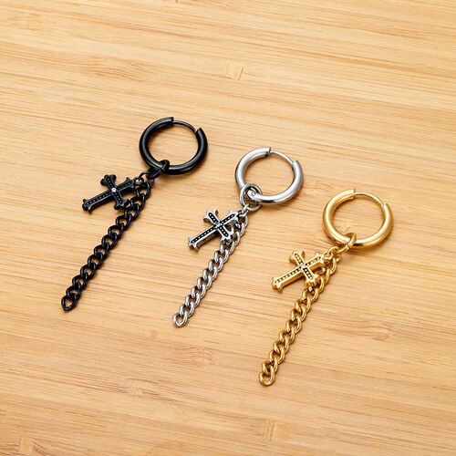 Japanese and Korean new trendy men's cross chain earrings stainless steel earrings hip-hop personality long tassel earrings