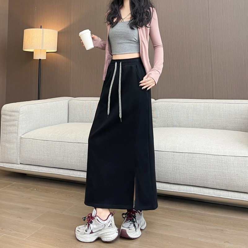 灰色卫衣半身裙女春秋季新款高级感包臀一步裙直筒A字开叉长裙子|undefined