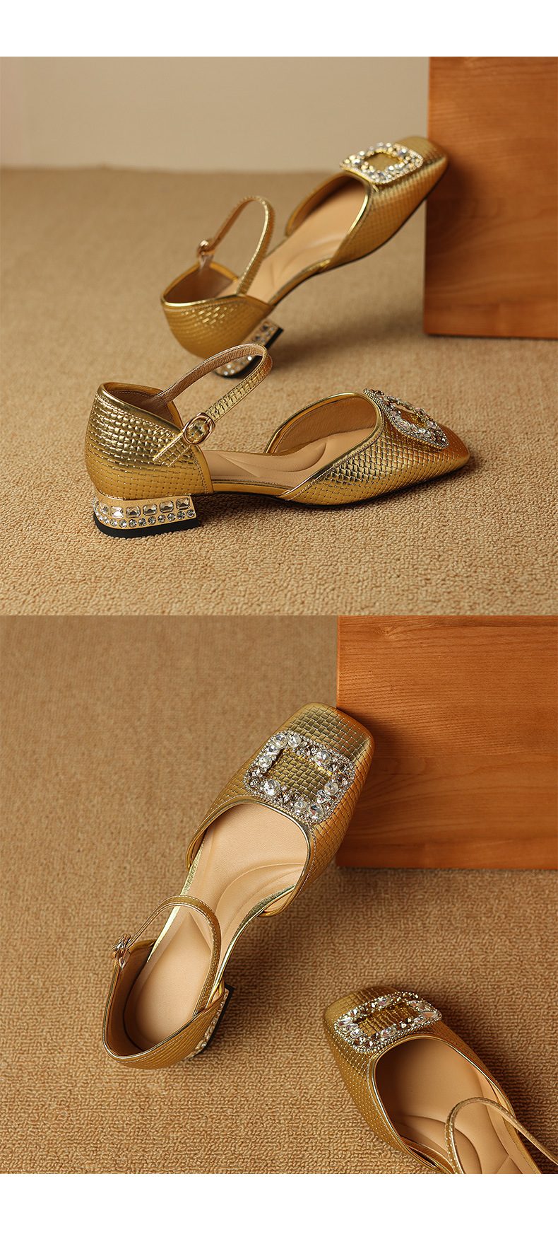 Sandal nữ bít mũi đế bệt da bò khóa vuông đính đá rhinestone — Màu vàng chi tiết 19