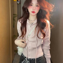韩系收腰显瘦连帽针织开衫女春季新款修身显瘦休闲百搭设计感上衣