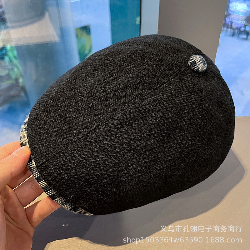 2025新款复古文艺格纹反戴前进帽子女冬季英伦风百搭毛呢贝雷帽潮|undefined