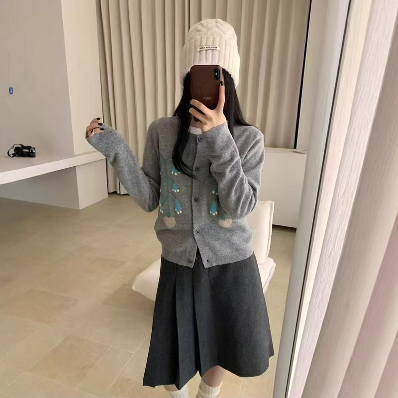 韩版慵懒风树叶提花毛衣开衫女2025早秋季新款百搭宽松针织衫上衣|undefined