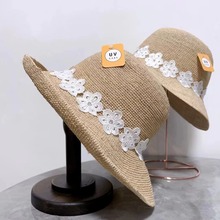 特细天然日系拉菲草小檐草帽女蕾丝装饰时尚复古春夏防晒遮阳帽潮