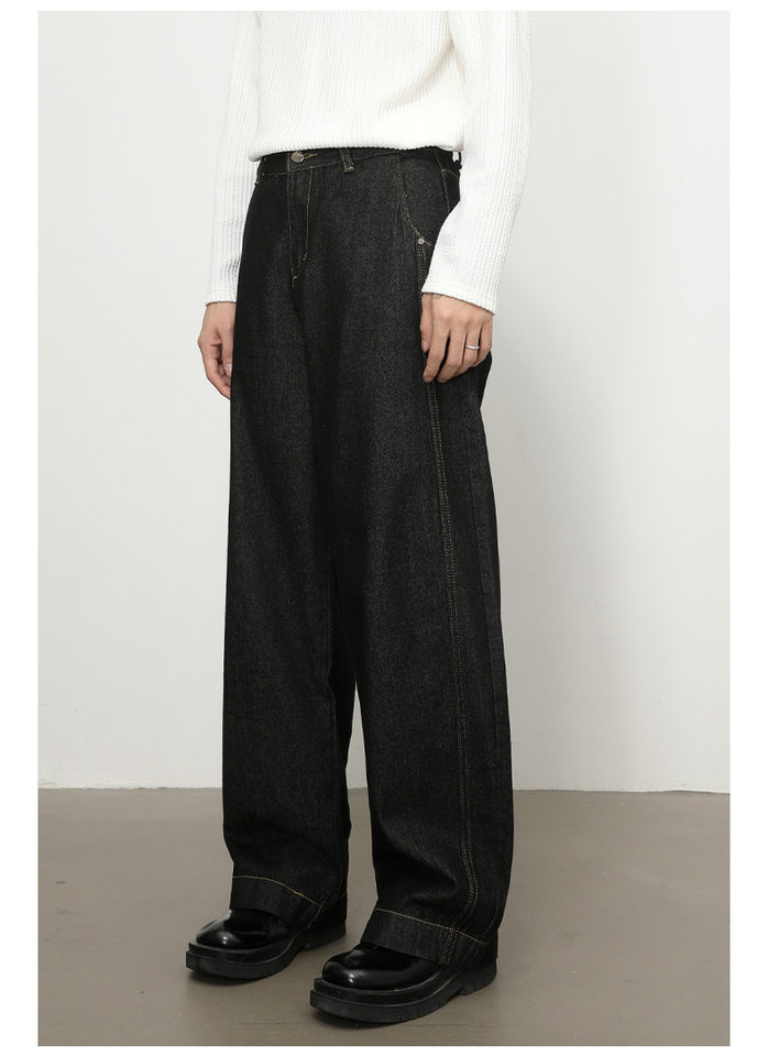 Quần jean nam denim đen dáng suông ống rộng kiểu banana lưng giữa, phong cách đường phố — Denim đen chi tiết 11