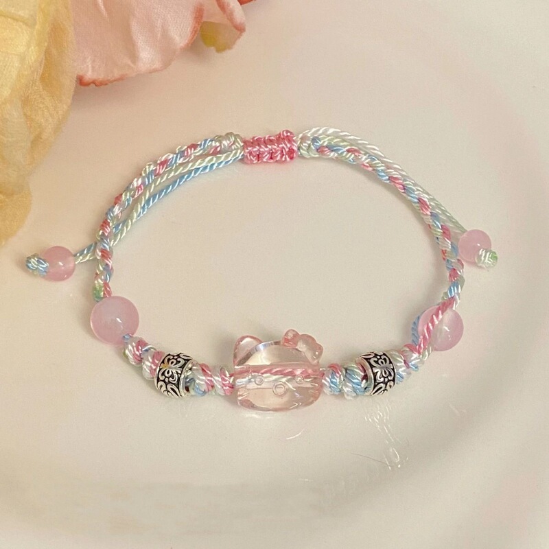 Cotton and Linen Kitty Cat Woven Colorful Rope Bracelet Women 2024 New Cute Cartoon Cat Hand Rope