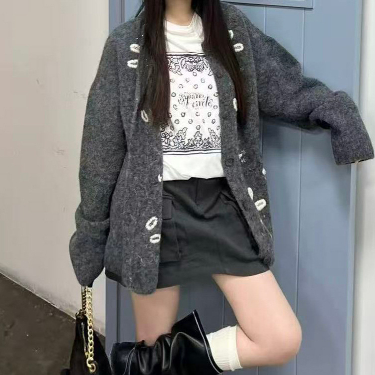 205秋冬新款韩版灰色针织开衫女慵懒风保暖毛衣|undefined