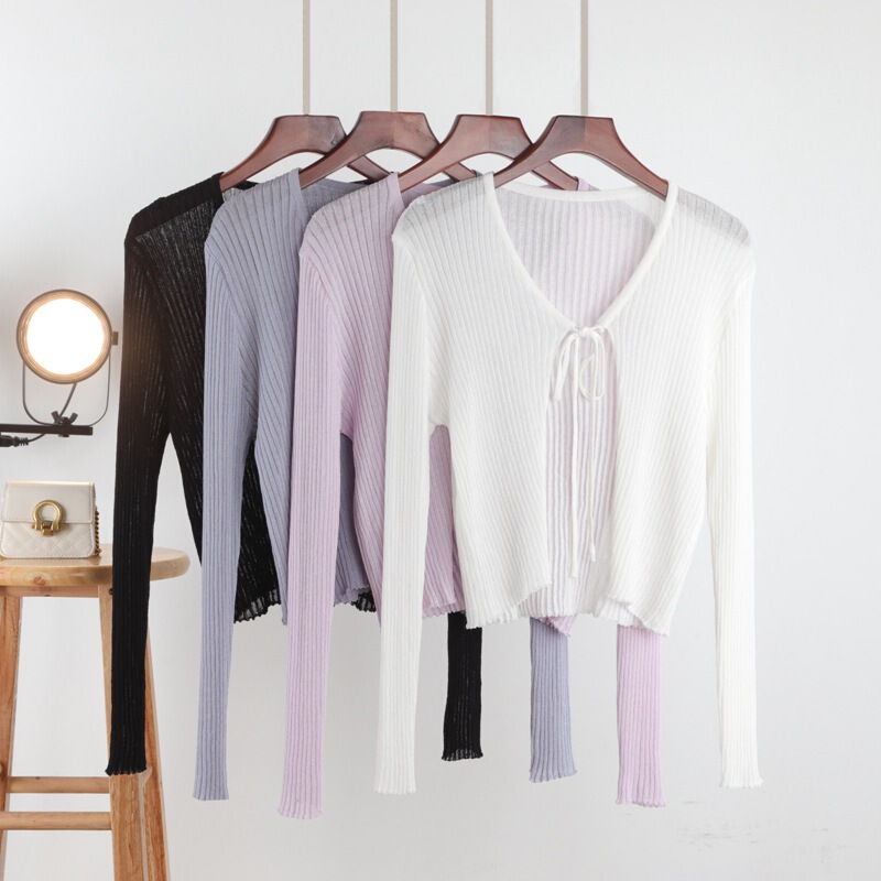Knitted Cardigan Thin Bow Women's Summer 2025 New Style Gentle Ice Silk Sunscreen Long-Sleeved Jacket Short Top Trendy