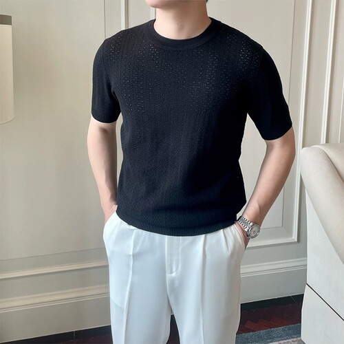 Casual Knit Short-Sleeve Men's British Retro Lightweight Mature Style Laced Breathable Fitted T-Shirt Top Under Shirt
