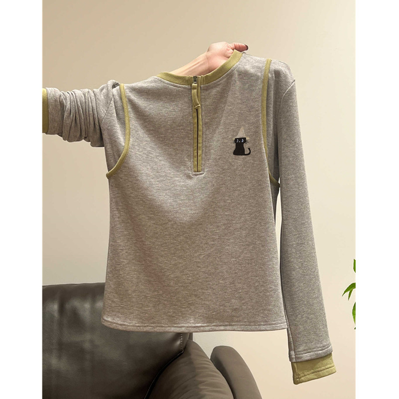 Korean-Style Half-Zip Thermal Long-Sleeve T-Shirt for Women, Autumn and Winter Design, Unique Color-Blocking Round Neck Base Layer Top