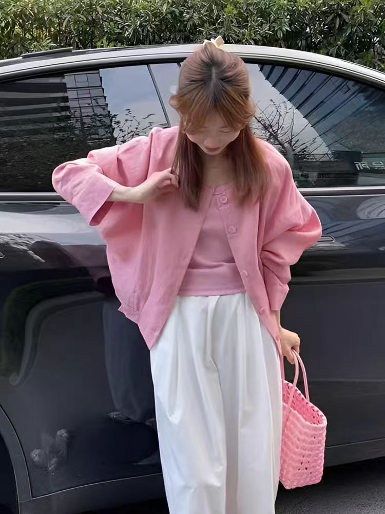 休闲气质粉色棉麻防晒衣女2025夏季新款时尚百搭短款外套亚麻开衫