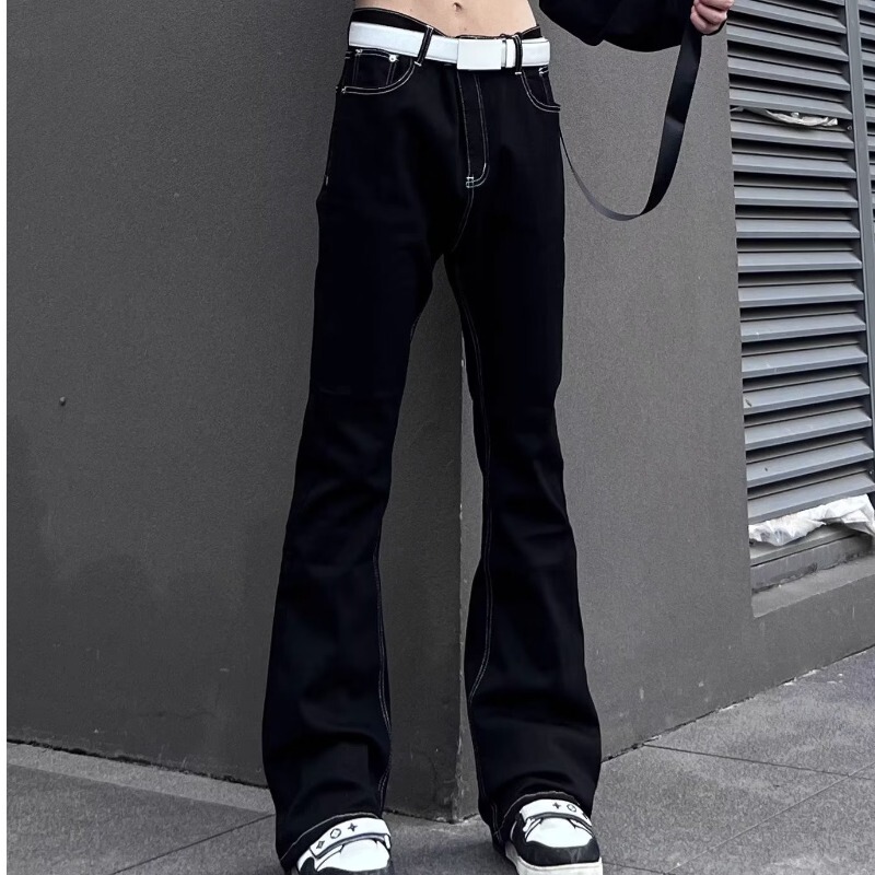 American street retro ribbon slim fit micro flared jeans High Street fashion slimming all-match straight long pants fashion