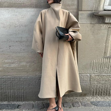 秋冬季速卖通爆款立领蝙蝠袖长款宽松毛呢大衣跨境欧美女装新款