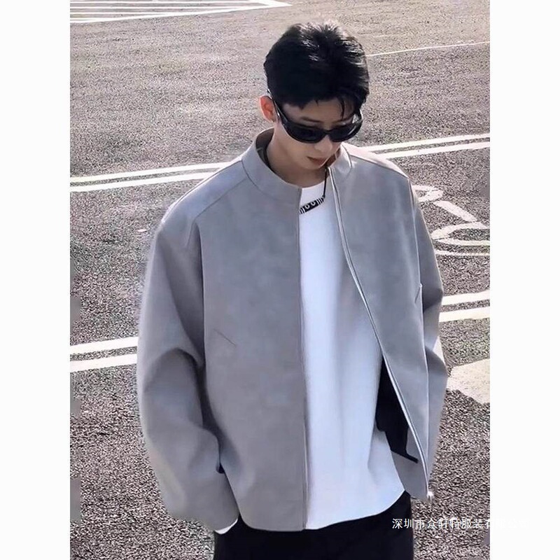 Gray Matte Leather Jacket for Men, Spring and Autumn, Stylish Stand-Up Collar Biker Jacket, American Style, Regular Shoulder Short Baseball Jacket, Guangzhou Style Gray Matte Leather Jacket for Men, Spring and Autumn, Stylish Stand-Up Collar Biker Jacket, American Style, Regular Shoulder Short Baseball Jacket, Guangzhou Style