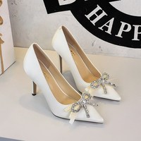 3393-H133 French Fashion Ultra High Heels, Diamond Ribbon, Bow Decoration, Pointed Toe, One Step Stepping, Fine Follow Shoes
