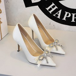 3393-H133 French Fashion Ultra High Heels, Diamond Ribbon, Bow Decoration, Pointed Toe, One Step Stepping, Fine Follow Shoes