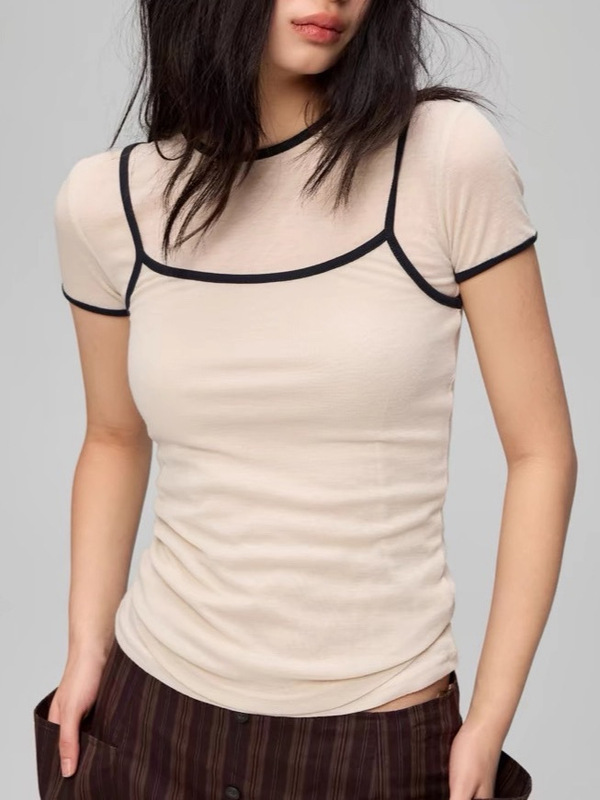 「カプセルレイヤリング」本物のツーピースキャミソール半袖Tシャツレディース2025新作夏スリムトップス|undefined