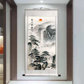 山水画字画招财竖版风水靠山卷轴挂画背景墙客厅图装画国画饰玄关