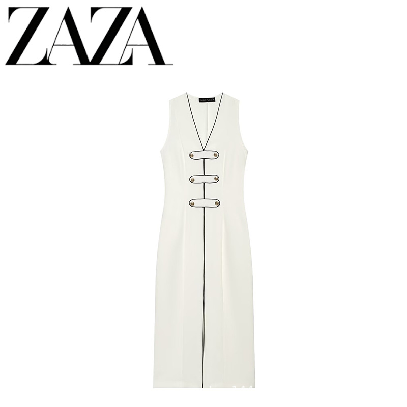 ZAZA Custom-made European and American style wholesale women's clothing, fashionable color-blocking trim with knot detail midi dress 3897153
