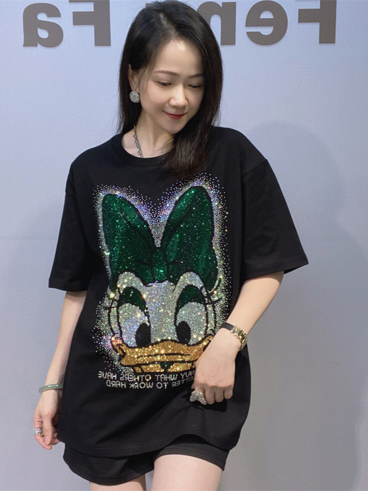 Camiseta de mangas cortas de gran tamaño de ropa de mujer americana de verano de diamante pesado caliente de cuello redondo de media manga de algodón