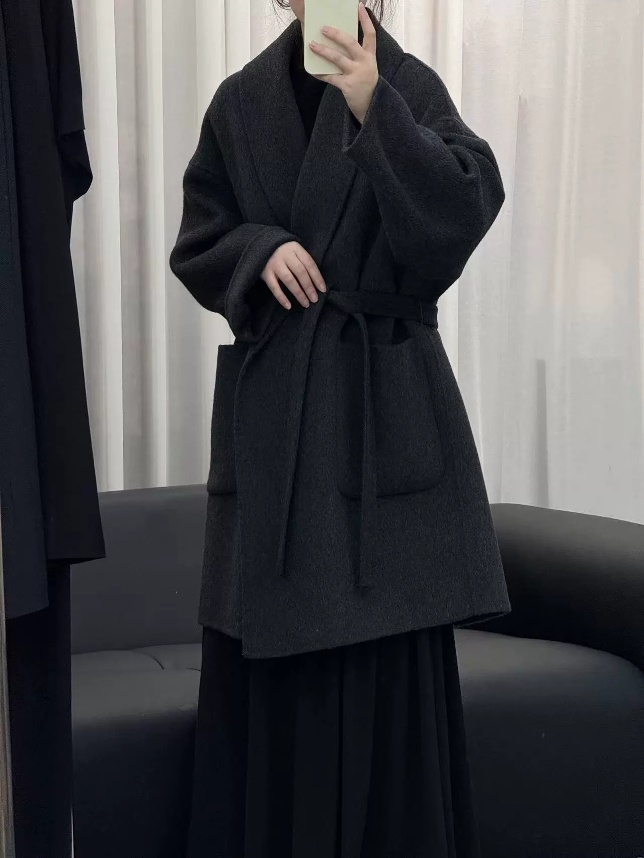 Длинный двусторонний шерстяной халат, средняя длина, oversize, стиль высокого качества