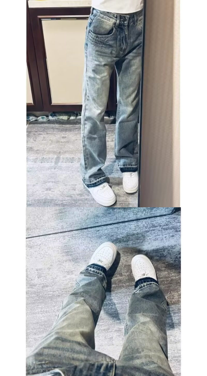 Teen Washed Denim Jeans American Style Summer Trendy Unisex High Street Loose Straight Leg Pants mid Waist Blue Long Non-Stretch_mkmklike.com