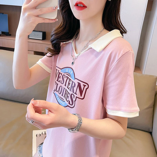 Women's 2025 Summer Oversized Polo Collared Short-Sleeve Letter T-Shirt for Plus Size, Loose and Slimming Fashion Top