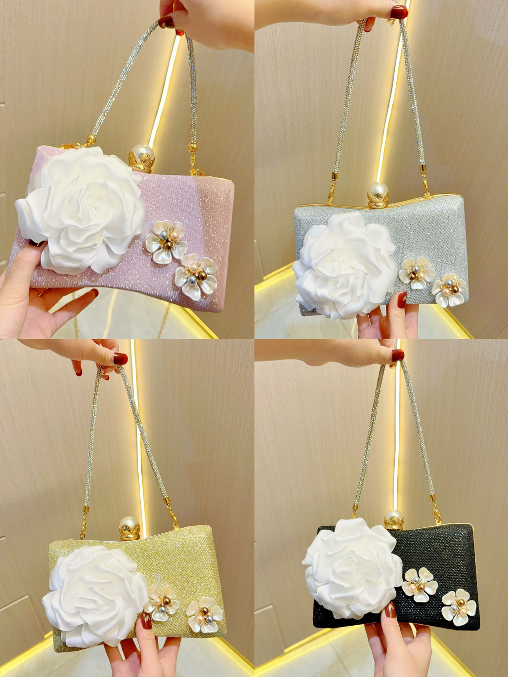 Pink Silver Gold Polyester Flower Evening Bags display picture 7