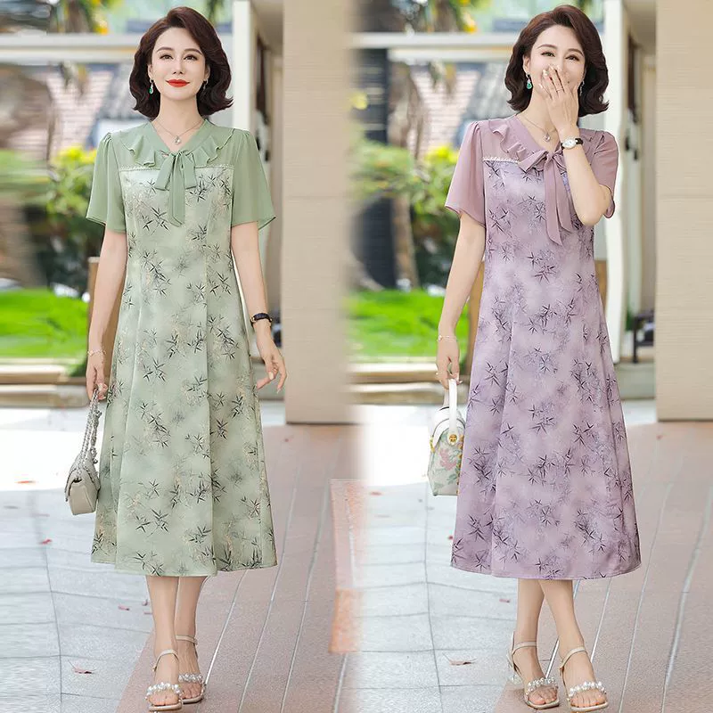 Летняя одежда для мам, модная юбка средней длины с короткими рукавами и принтом, тонкое плотно прилегающее женское платье среднего и пожилого возраста.