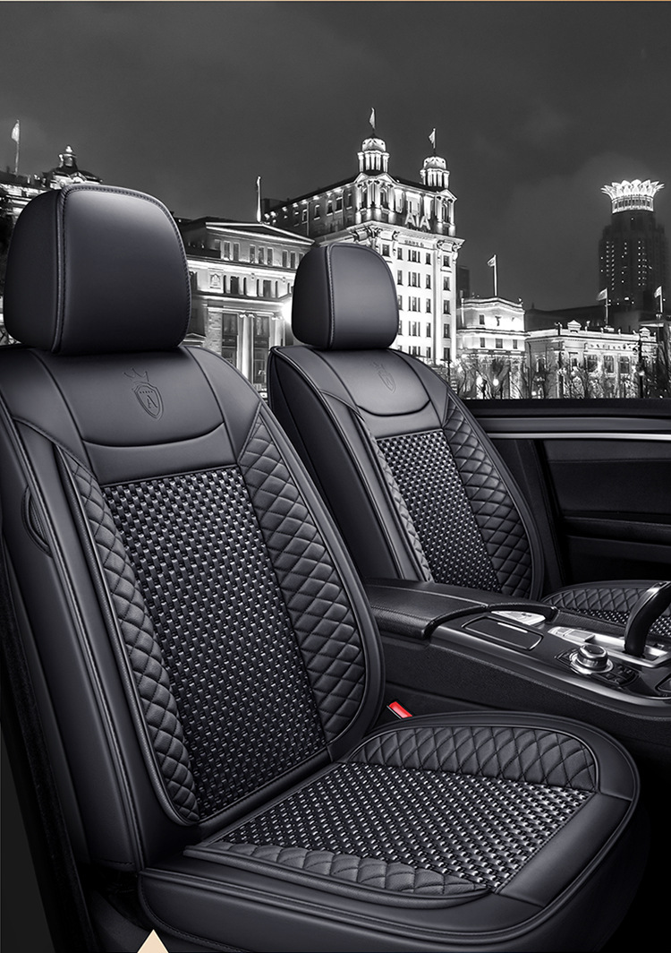 Cross-Border Manufacturer Direct Sales New All-Encompassing Rhombus Leather Ice Silk Car Seat Cushion Four-Season Universal Breathable Five-Seat Seat Cushion
