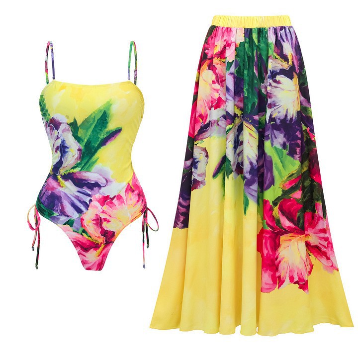 Damen-Badeanzug mit lebhaftem Blumenmuster, einteilig, reguläre Größe, Polyester/Nylon_voghion.com