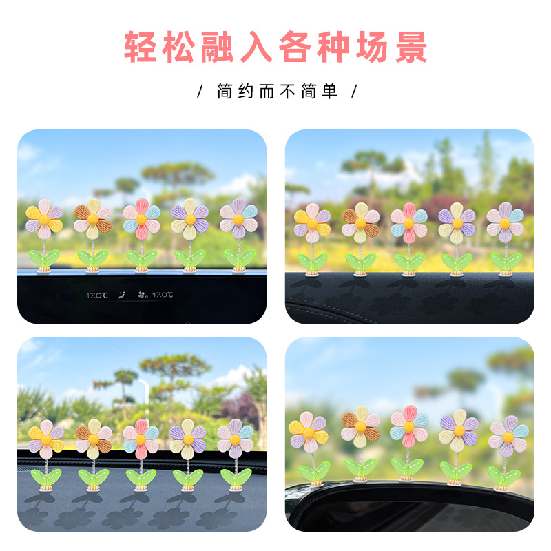 Rainbow Flower Car Small Ornaments Girl's Car Central Console Decoration Healing Style Fresh Shake Head Flower Car Ornaments