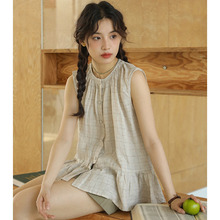2024夏季新款日系文艺森系棉麻细格纹褶皱圆领无袖衬衫背心上衣女