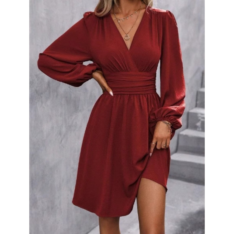 European and American Amazon Cross-Border Autumn and Winter New Style Independent Site Dress with Diagonal Collar, Lantern Sleeves, and Ruffled Waist for Women European and American Amazon Cross-Border Autumn and Winter New Style Independent Site Dress with Diagonal Collar, Lantern Sleeves, and Ruffled Waist for Women