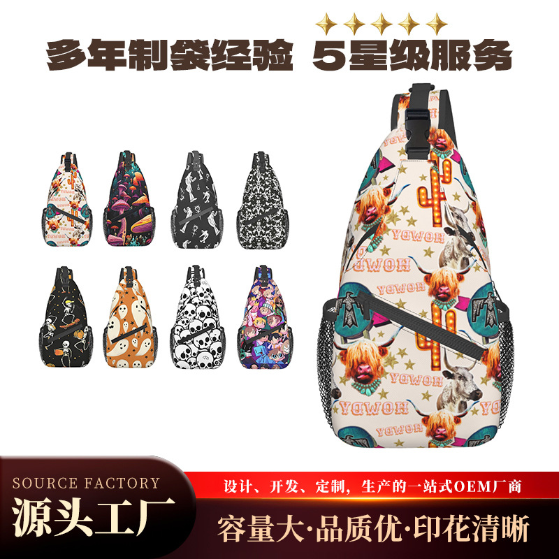 Bolso de pecho con estampado de dibujos animados transfronterizos Bolso de mensajero para hombre Bolso de pecho casual ligero de gran capacidad Bolso de lona simple para mujer de alto valor