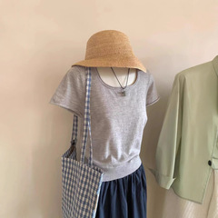 韓国系グレーUネック半袖tシャツ女性夏の薄い小柄な小さい方襟ニットの肩の上着