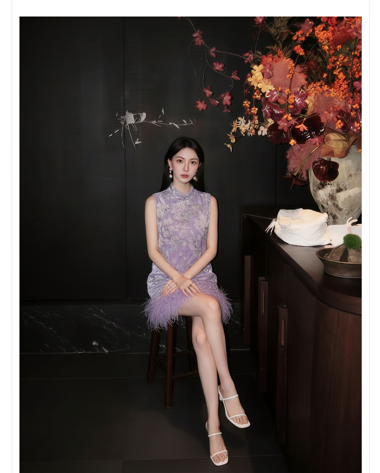 Đầm maxi nữ thắt eo phong cách cổ điển sang trọng kết hợp lông đà điểu và đính sequin thêu — màu tím chi tiết 6