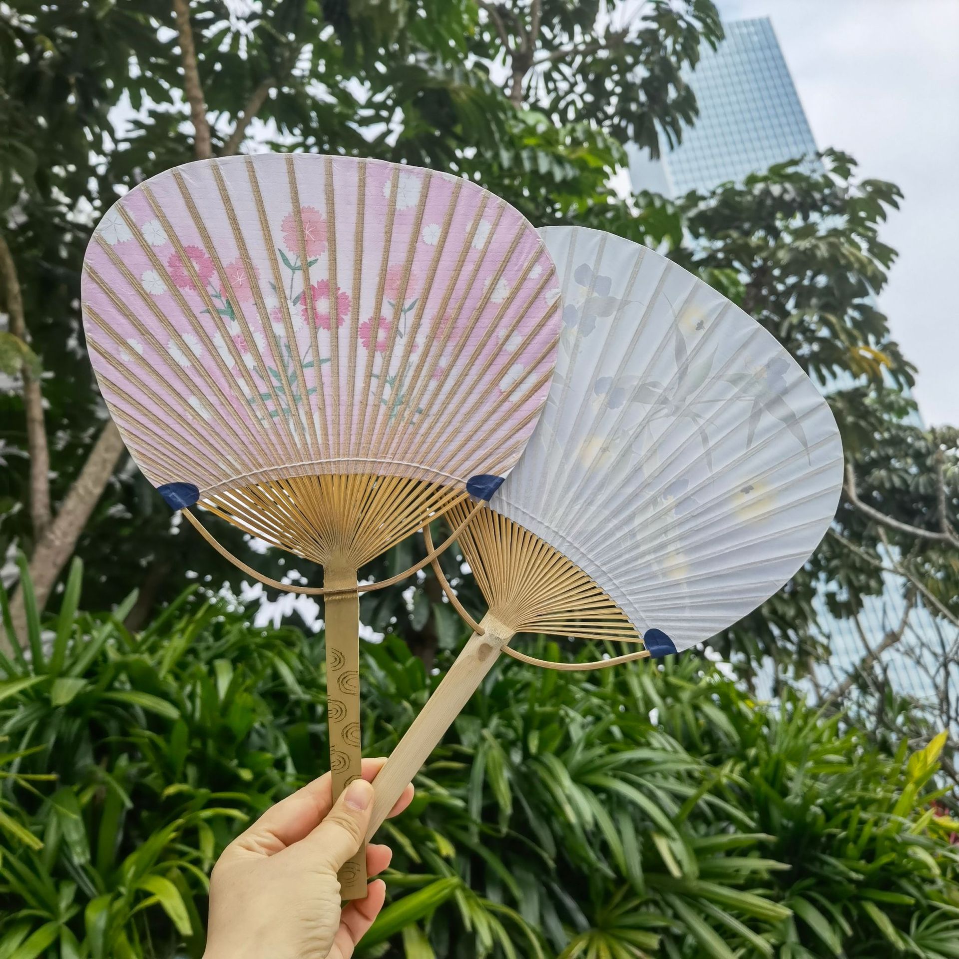 新款日式小清新蓝色小碎花透明棉纸广告团扇扁柄竹圆扇-阿里巴巴