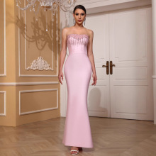 跨境爆款粉晶抹胸闪钻鱼尾连衣裙女绷带修身晚宴仙女礼服夜店女裙