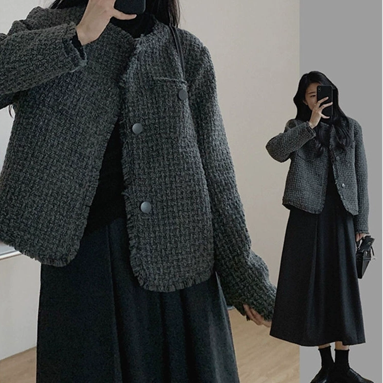 Autumn jacket, short woolen long-sleeve, Chanel style, oversize