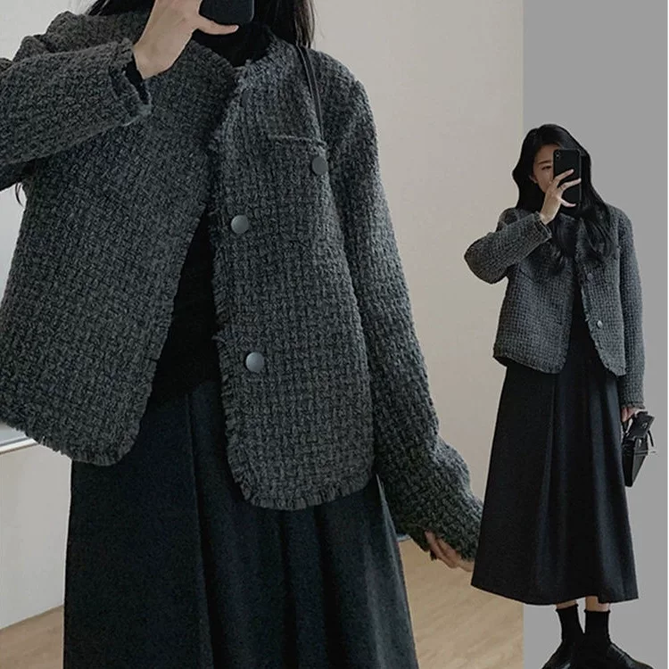 Autumn jacket, short woolen long-sleeve, Chanel style, oversize